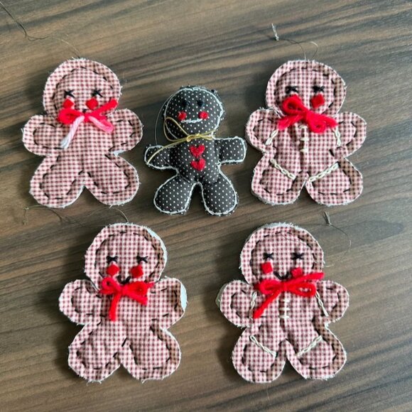 Set Of 5 Vintage Handmade Gingham Gingerbread Man Fabric Ornaments With Bows & S - Picture 2 of 9